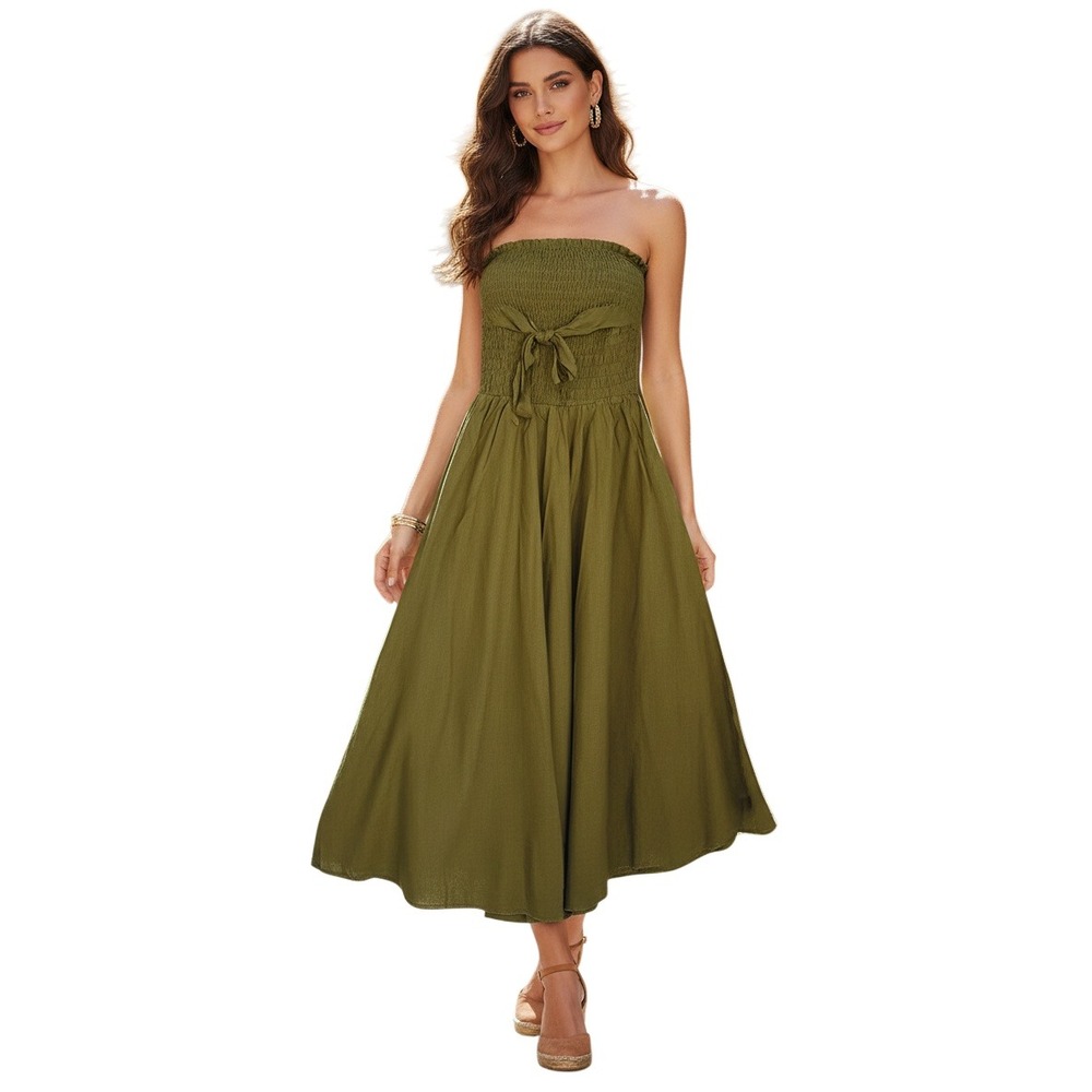 RHEA NWT Olive Green Smocked Strapless Midi Dress S M Cottagecore Boho Luxe $118